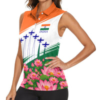 India Flag Women Sleeveless Polo Shirt Jet Flypast Ashoka Chakra Lotus Vibrant Patriotic Tricolor