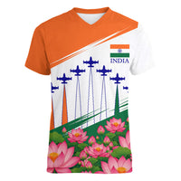 India Flag Women V-Neck T-Shirt Jet Flypast Ashoka Chakra Lotus Vibrant Patriotic Tricolor
