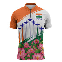 India Flag Zipper Polo Shirt Jet Flypast Ashoka Chakra Lotus Vibrant Patriotic Tricolor