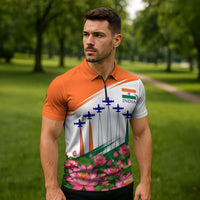India Flag Zipper Polo Shirt Jet Flypast Ashoka Chakra Lotus Vibrant Patriotic Tricolor