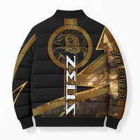 Zeus Greek Mythology King Of Gods Bomber Puffer Jacket Gold Meander Pattern Lightning Bolt Mythological