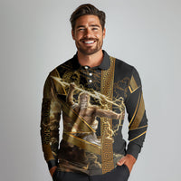 Zeus Greek Mythology King Of Gods Long Sleeve Polo Shirt Gold Meander Pattern Lightning Bolt Mythological
