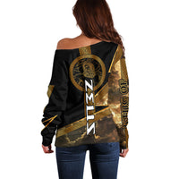Zeus Greek Mythology King Of Gods Off Shoulder Sweater Gold Meander Pattern Lightning Bolt Mythological