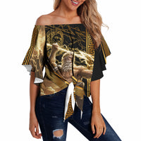 Zeus Greek Mythology King Of Gods Off Shoulder Wrap Waist Top Gold Meander Pattern Lightning Bolt Mythological