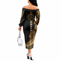 Zeus Greek Mythology King Of Gods Off The Shoulder Long Sleeve Dress Gold Meander Pattern Lightning Bolt Mythological
