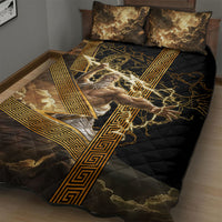 Zeus Greek Mythology King Of Gods Quilt Bed Set Gold Meander Pattern Lightning Bolt Mythological