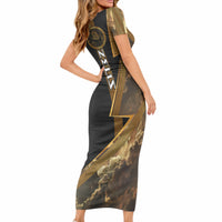 Zeus Greek Mythology King Of Gods Short Sleeve Bodycon Dress Gold Meander Pattern Lightning Bolt Mythological