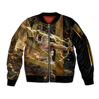 Zeus Greek Mythology King Of Gods Sleeve Zip Bomber Jacket Gold Meander Pattern Lightning Bolt Mythological