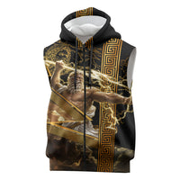 Zeus Greek Mythology King Of Gods Sleeveless Zip Hoodie Gold Meander Pattern Lightning Bolt Mythological
