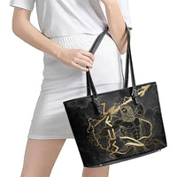 Zeus Greek Mythology King Of Gods Leather Tote Bag Golden Meander Key Pattern Lightning Bolt