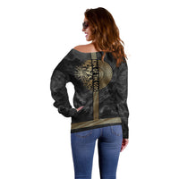 Zeus Greek Mythology King Of Gods Off Shoulder Sweater Golden Meander Key Pattern Lightning Bolt