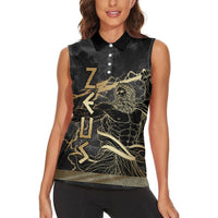 Zeus Greek Mythology King Of Gods Women Sleeveless Polo Shirt Golden Meander Key Pattern Lightning Bolt