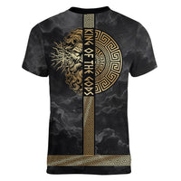 Zeus Greek Mythology King Of Gods Women V-Neck T-Shirt Golden Meander Key Pattern Lightning Bolt