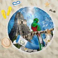 Guatemala Quetzal And Mayan Ruins Beach Blanket Patriotic National Symbols White Orchid Flag