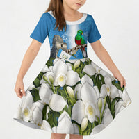 Guatemala Quetzal And Mayan Ruins Kid Short Sleeve Dress Patriotic National Symbols White Orchid Flag