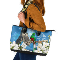 Guatemala Quetzal And Mayan Ruins Leather Tote Bag Patriotic National Symbols White Orchid Flag