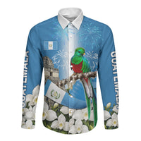 Guatemala Quetzal And Mayan Ruins Long Sleeve Button Shirt Patriotic National Symbols White Orchid Flag