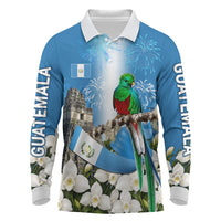 Guatemala Quetzal And Mayan Ruins Long Sleeve Polo Shirt Patriotic National Symbols White Orchid Flag