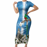 Guatemala Quetzal And Mayan Ruins Short Sleeve Bodycon Dress Patriotic National Symbols White Orchid Flag