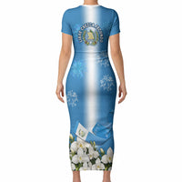 Guatemala Quetzal And Mayan Ruins Short Sleeve Bodycon Dress Patriotic National Symbols White Orchid Flag
