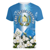 Guatemala Quetzal And Mayan Ruins Women V-Neck T-Shirt Patriotic National Symbols White Orchid Flag