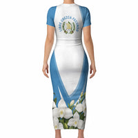 Guatemala Short Sleeve Bodycon Dress Quetzal Mayan Ruins Orchid Flag