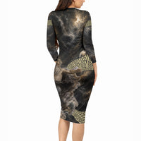 Greek God Of Chaos Long Sleeve Bodycon Dress Cosmic Nebula Classical Art Greek Key Pattern