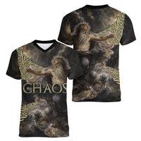 Greek God Of Chaos Women V-Neck T-Shirt Cosmic Nebula Classical Art Greek Key Pattern