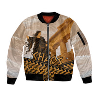 Greek Mythology Chaos Sleeve Zip Bomber Jacket Ancient Temple Ruins Classical Art Greek Key Pattern