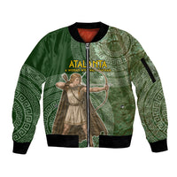 Atalanta Greek Mythology Huntress Archer Sleeve Zip Bomber Jacket Ancient Greek Meander Pattern