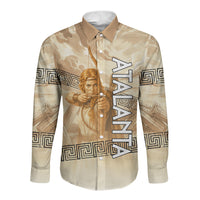 Atalanta Greek Mythology Huntress Archer Long Sleeve Button Shirt Ancient Greek Heroine Goddess Vintage Meander Artwork