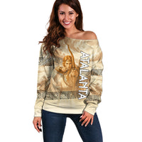 Atalanta Greek Mythology Huntress Archer Off Shoulder Sweater Ancient Greek Heroine Goddess Vintage Meander Artwork