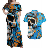 Grafity Skull Couples Matching Off Shoulder Maxi Dress and Hawaiian Shirt Street Style Skull Colorful Abstract Art - Wonder Print Shop
