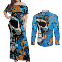 Grafity Skull Couples Matching Off Shoulder Maxi Dress and Long Sleeve Button Shirts Street Style Skull Colorful Abstract Art - Wonder Print Shop