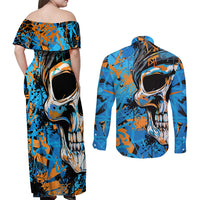 Grafity Skull Couples Matching Off Shoulder Maxi Dress and Long Sleeve Button Shirts Street Style Skull Colorful Abstract Art - Wonder Print Shop
