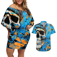 Grafity Skull Couples Matching Off Shoulder Short Dress and Hawaiian Shirt Street Style Skull Colorful Abstract Art - Wonder Print Shop