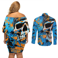Grafity Skull Couples Matching Off Shoulder Short Dress and Long Sleeve Button Shirts Street Style Skull Colorful Abstract Art - Wonder Print Shop