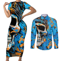Grafity Skull Couples Matching Short Sleeve Bodycon Dress and Long Sleeve Button Shirts Street Style Skull Colorful Abstract Art - Wonder Print Shop