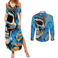 Grafity Skull Couples Matching Summer Maxi Dress and Long Sleeve Button Shirts Street Style Skull Colorful Abstract Art - Wonder Print Shop