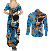 Grafity Skull Couples Matching Summer Maxi Dress and Long Sleeve Button Shirts Street Style Skull Colorful Abstract Art - Wonder Print Shop