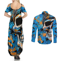 Grafity Skull Couples Matching Summer Maxi Dress and Long Sleeve Button Shirts Street Style Skull Colorful Abstract Art - Wonder Print Shop