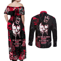 Skull Pattern Couples Matching Off Shoulder Maxi Dress and Long Sleeve Button Shirts The Time Is Aways Right To Do What Is Right - Wonder Print Shop