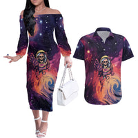 Skull Couples Matching Off The Shoulder Long Sleeve Dress and Hawaiian Shirt I Need More Space Cosmic Style - Wonder Print Shop