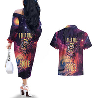 Skull Couples Matching Off The Shoulder Long Sleeve Dress and Hawaiian Shirt I Need More Space Cosmic Style - Wonder Print Shop