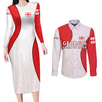 Georgia Flag Couples Matching Long Sleeve Bodycon Dress and Long Sleeve Button Shirt with Born to Roar with Red Lion and National Symbols - Wonder Print Shop
