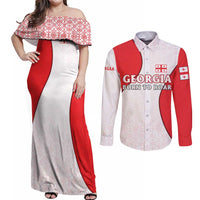Georgia Flag Couples Matching Off Shoulder Maxi Dress and Long Sleeve Button Shirt with Born to Roar with Red Lion and National Symbols - Wonder Print Shop