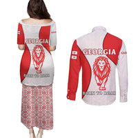 Georgia Flag Couples Matching Puletasi and Long Sleeve Button Shirt with Born to Roar with Red Lion and National Symbols - Wonder Print Shop