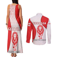Georgia Flag Couples Matching Tank Maxi Dress and Long Sleeve Button Shirt with Born to Roar with Red Lion and National Symbols - Wonder Print Shop