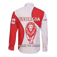 Georgia Flag Long Sleeve Button Shirt with Born to Roar with Red Lion and National Symbols - Wonder Print Shop