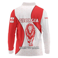 Georgia Flag Long Sleeve Polo Shirt with Born to Roar with Red Lion and National Symbols - Wonder Print Shop